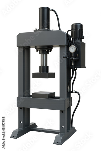 Isolated transparent Industrial hydraulic press machine with pressure gauge and motor, used for metal shaping and compression tasks in manufacturing, PNG die-cut for advertising.