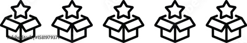 Five star rating icons showing open boxes with stars on top in a horizontal line on white background