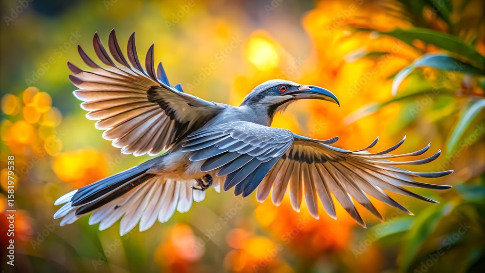 Obraz premium Indian Grey Hornbill Flying with Spread Wings and Colorful Blurred Background