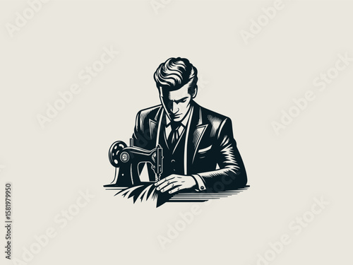 Vintage tailor sewing machine vector logo for bespoke menswear or alteration shops
