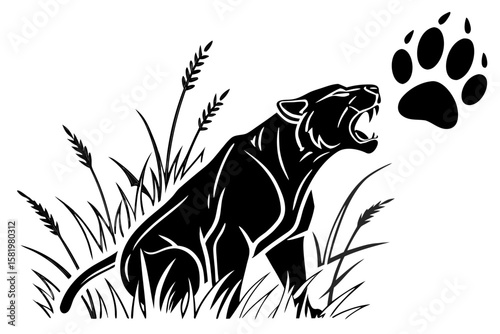 A black panther roars in the grass with a paw print