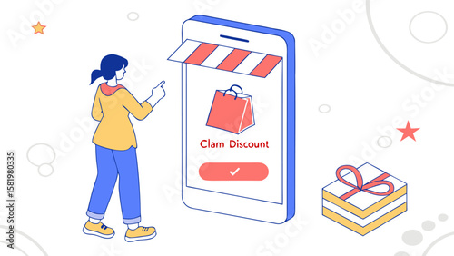 Woman interacting with a phone showing a clam discount and a gift box on a white background with stars