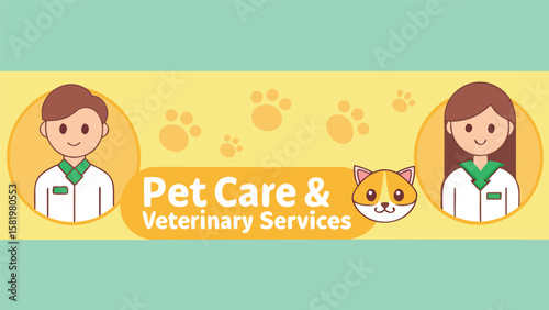 Friendly cartoon vet and assistant, pet care and veterinary services banner, pastel yellow and green color scheme, cheerful mood, ideal for website header or social media post.