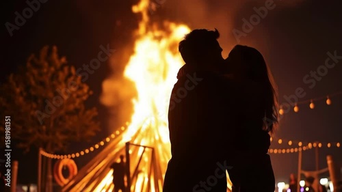 Silhouetted lovers embrace tenderly before a roaring bonfire Warm orange flames illuminate the night sky as they share a romantic moment