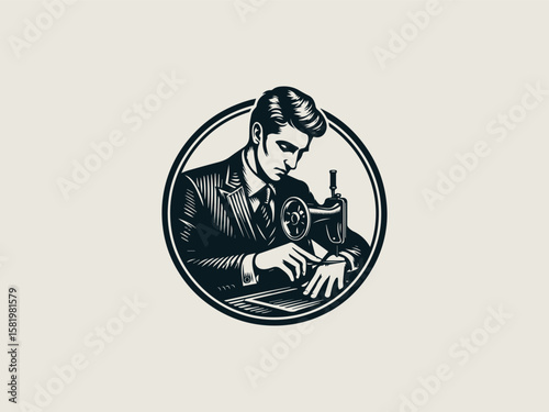 Vintage tailor sewing machine vector logo for bespoke menswear or alteration shops