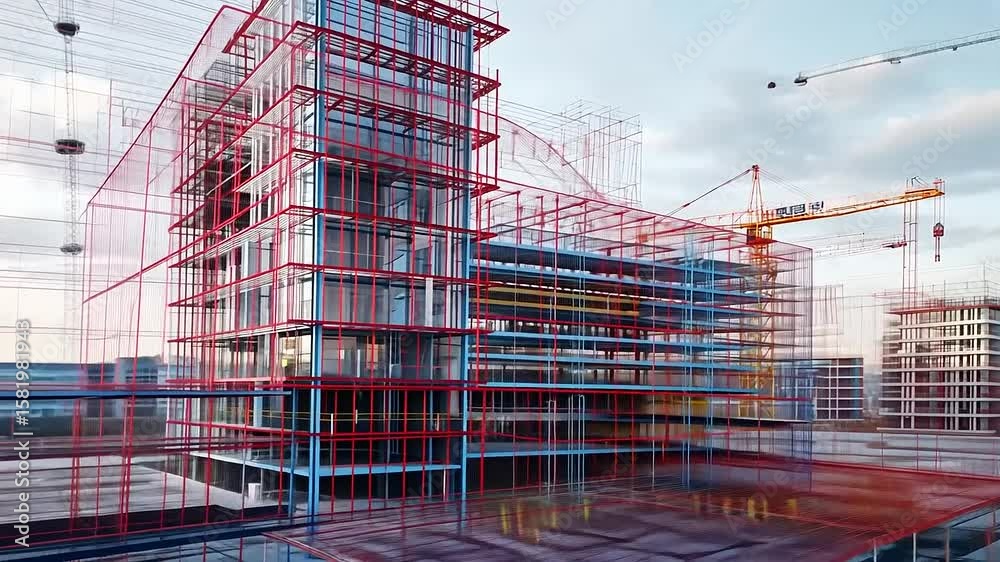 Modern construction site showcasing a multi-story building with scaffolding and cranes at sunset