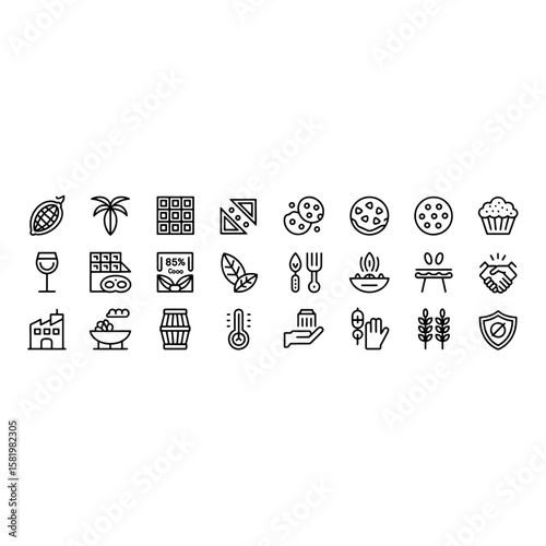 Cocoa & Chocolate Production Icons: Outline Sweet Dessert and Ingredient Vectors