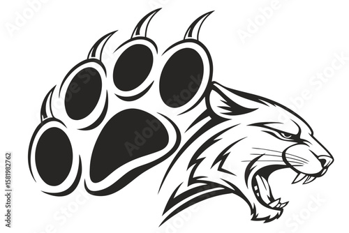 A black panther head with a large paw print