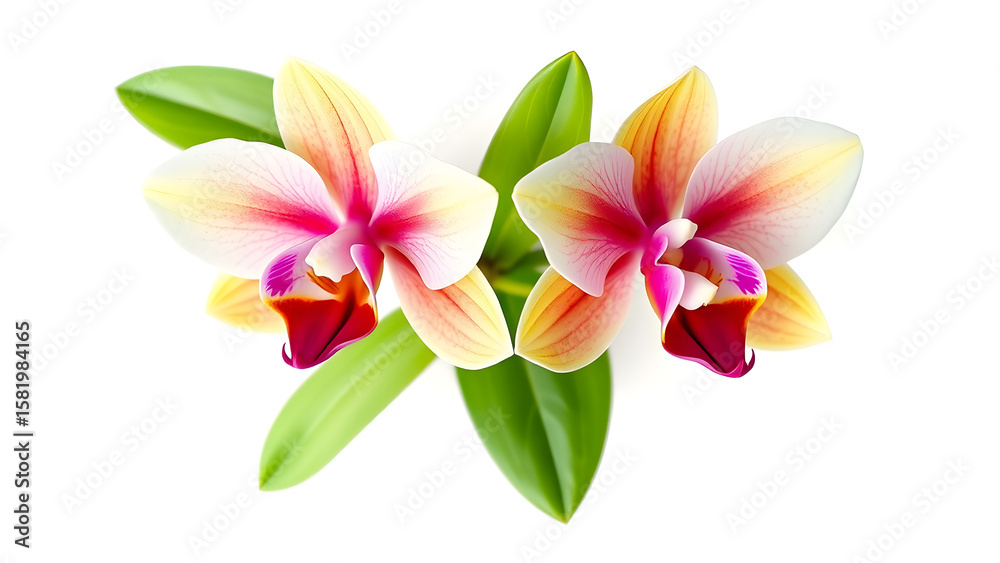 Naklejka premium Two phalaenopsis orchids with pink and yellow petals isolated on white background