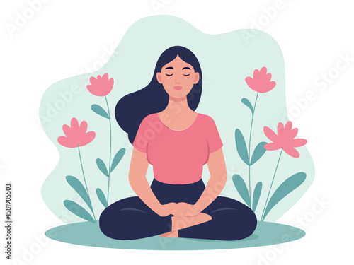 woman sitting with a flower illustration in the background, good mental health yoga lifestyle and selfcare vector