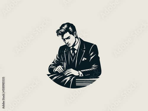 Vintage tailor sewing machine vector logo for bespoke menswear or alteration shops