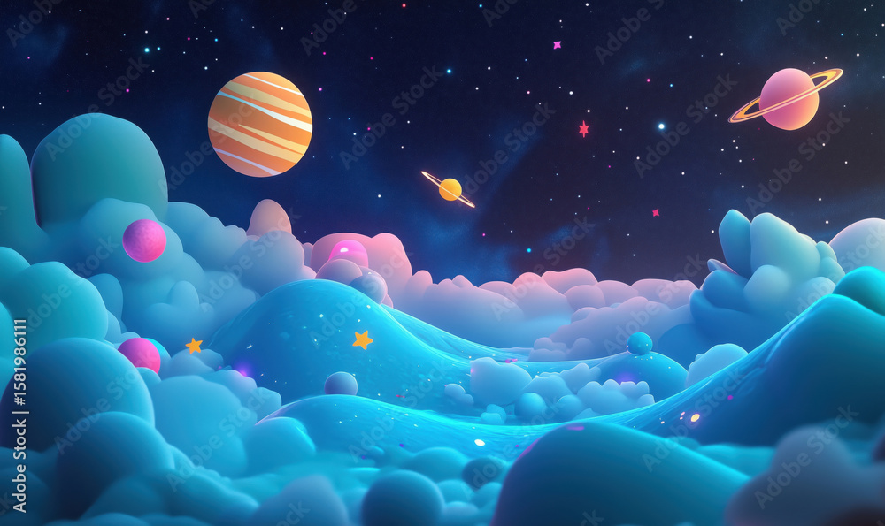 Fototapeta premium Colorful cosmic landscape with planets and dreamy clouds in vibrant space setting.