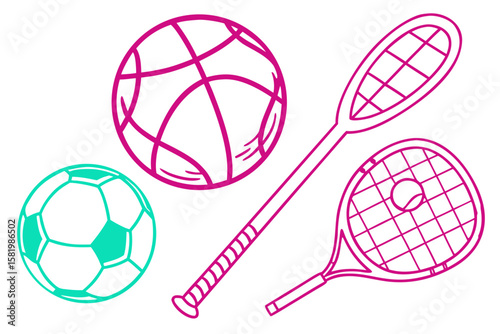 Collection of sports equipment with soccer, basketball, and tennis items