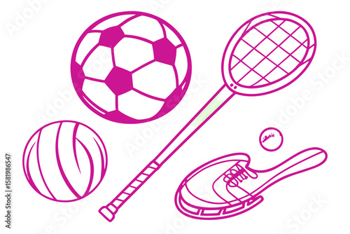 Sports gear featuring a soccer ball, basketball, tennis racket, and glove