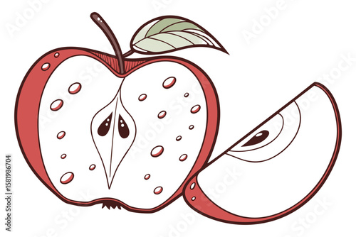 A red apple with a slice cut off, showing its core and seeds