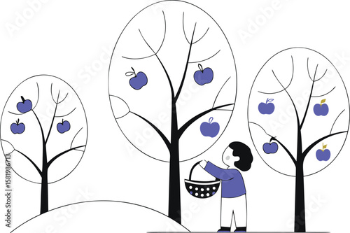 Charming depiction of a young child happily gathering ripe fruit from a tree bathed in bright sunshine within an orchard setting