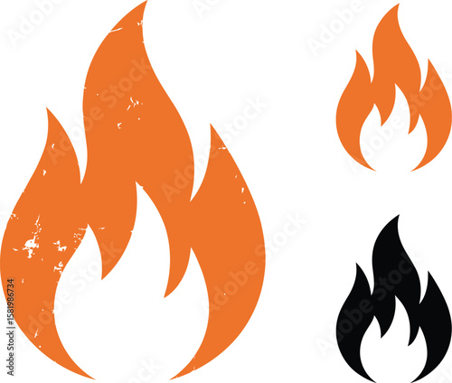 Three flame icons showing orange textured flame, orange yellow flame, and black flame on white background