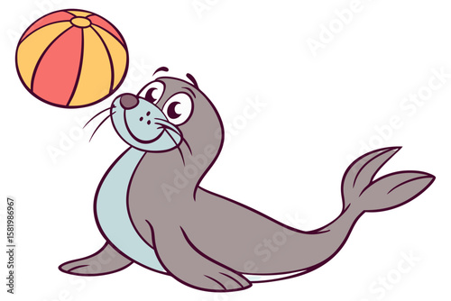 A cute cartoon seal balances a ball on its nose