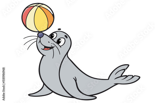 A cute cartoon seal balances a ball on its nose