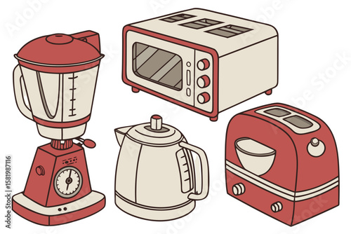 Collection of retro kitchen appliances in red and cream
