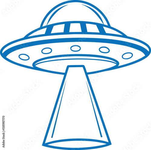 Blue outline of a flying saucer with a beam of light against a white background alien