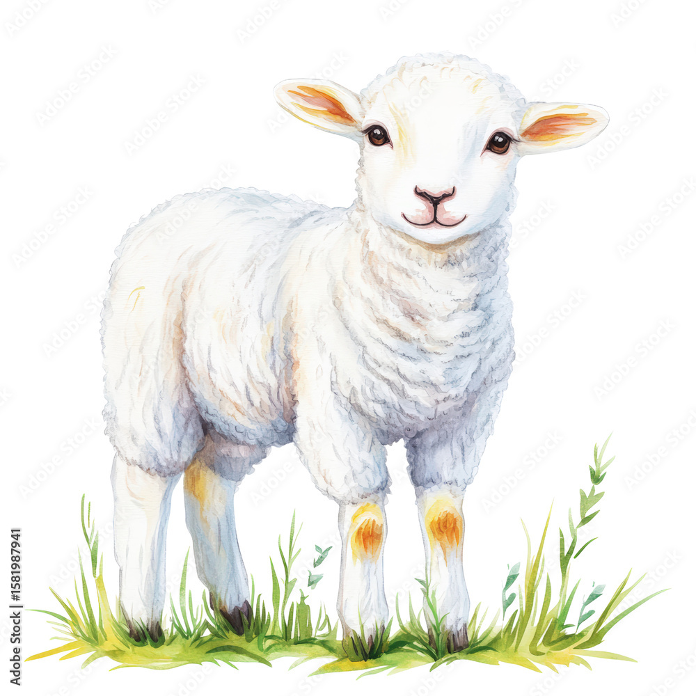 Fototapeta premium Adorable baby sheep standing on green grass with a gentle expression and fluffy white wool