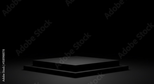 Minimalist black square display stand, perfect for sophisticated product presentation in a dark, elegant void.

