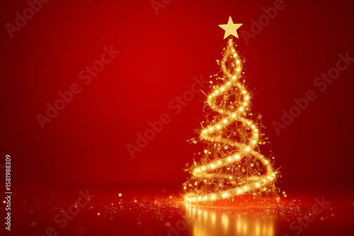 Shining Christmas Tree - Golden Glitter sparkling In The Red Background.