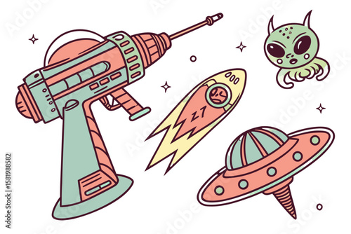 Retro space objects with alien and rocket