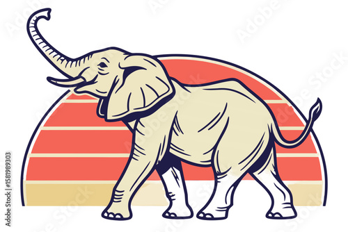 An elephant walks with a colorful sunset