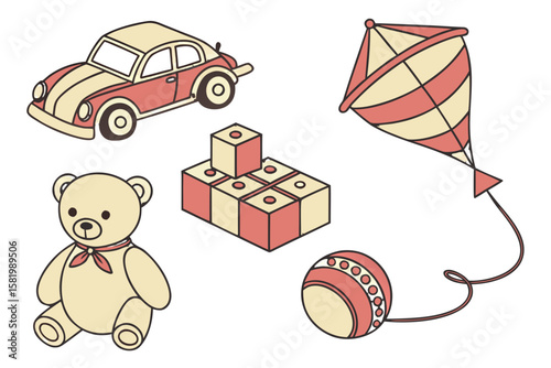 Collection of vintage toys including a teddy bear and car