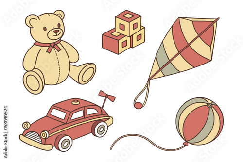 A teddy bear, kite, car, ball, and blocks