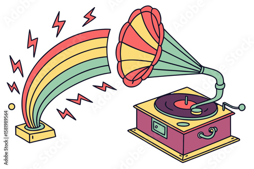 A vintage gramophone emitting a rainbow of sound