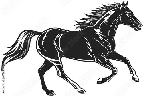 A dynamic black horse runs with its mane flowing