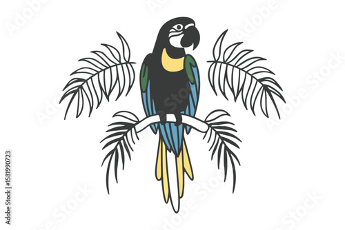 A colorful macaw parrot sits on a branch with leaves