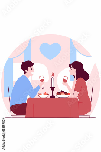 Flat romantic dinner scene in round frame 01
