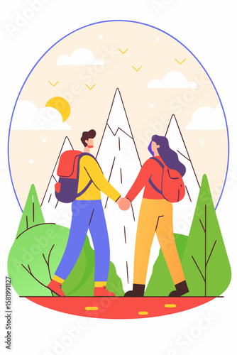 Couple with backpacks hiking in mountain circle