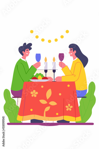 Flat romantic dinner scene in round frame