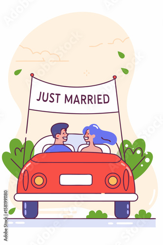 Newlyweds driving in a car with "Just Married" banner.