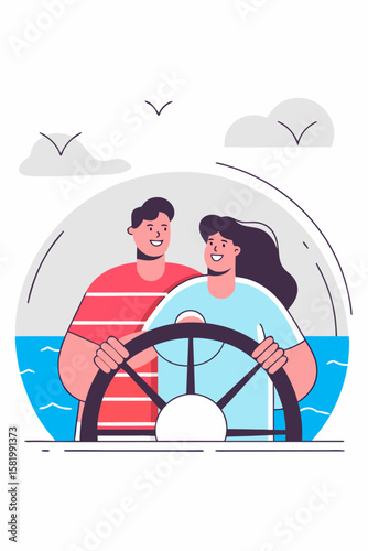 Round couple enjoying cruise or boat ride vector.