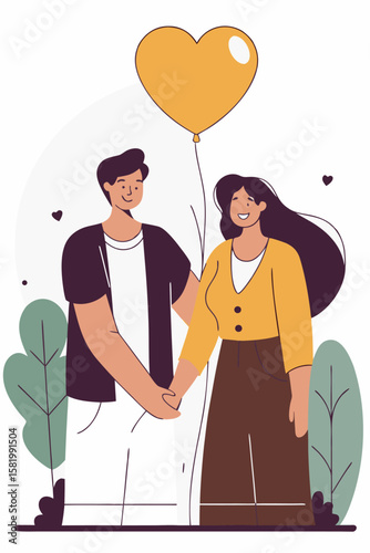Round flat vector couple sharing a heart-shaped balloon