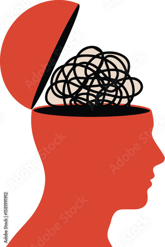 Red head with open cranium revealing tangled black lines against a light beige background illustration