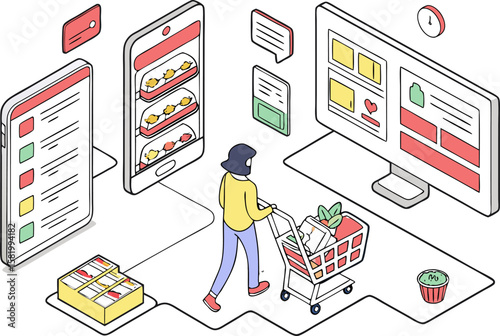 Isometric illustration of a woman shopping online using multiple devices and a shopping cart full of items