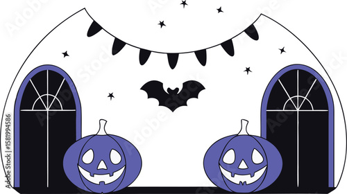 Spooky halloween party scene featuring a frighteningly carved pumpkin with a dark and mysterious atmosphere for celebrations