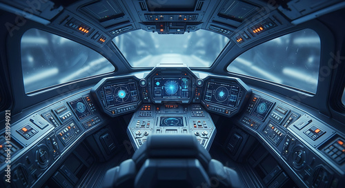 Fototapeta Naklejka Na Ścianę i Meble -  Futuristic spaceship cockpit interior view showcasing detailed control panels and glowing displays
