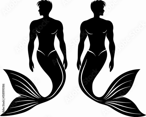 Twin Merman Silhouette Vector – Fantasy Ocean Male Creatures Illustration