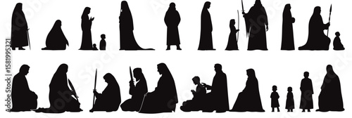Silhouette set of Arabic Muslim family men women children in traditional thobe kandura ghutra agal clothing holding swords sceptre sitting and standing in flat minimalist style vector