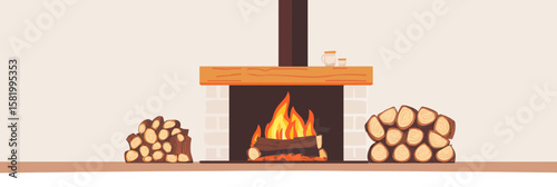 Cozy indoor fireplace with burning flames wood logs stacked on both sides minimalist flat vector illustration home interior heating concept