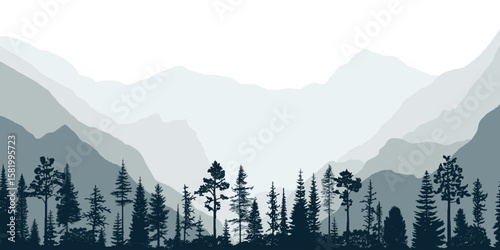 Mountain landscape with forest, mountain valley, morning light, vector illustration, panoramic view