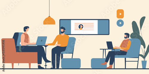 People collaborating in modern office workspace using laptops and digital screen for remote communication and teamwork concept flat vector illustration